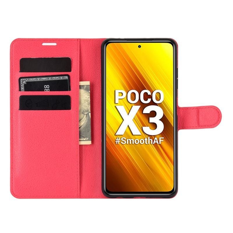 Litchi PU bőr pénztárca tok a Xiaomi Poco X3/X3 Pro-hoz - piros