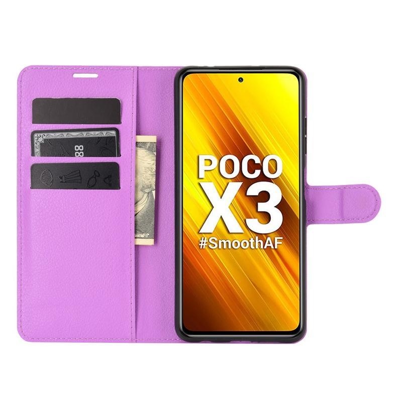 Litchi PU bőr pénztárca tok Xiaomi Poco X3/X3 Pro - lila