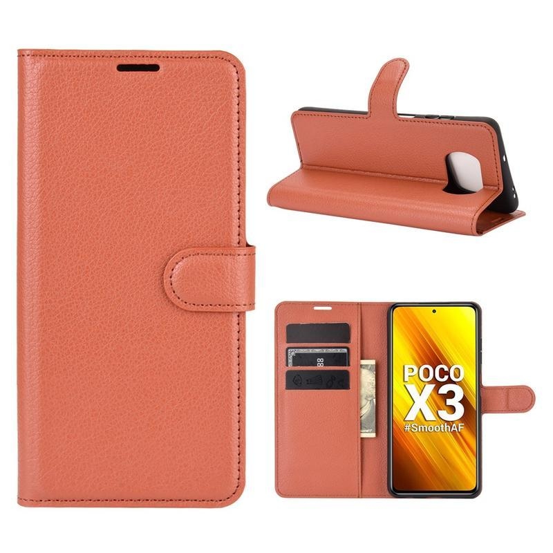 Litchi PU bőr pénztárca tok Xiaomi Poco X3/X3 Pro - barna