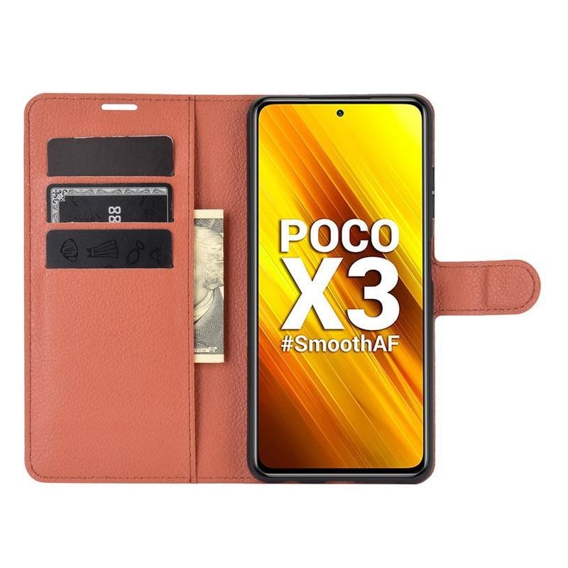 Litchi PU bőr pénztárca tok Xiaomi Poco X3/X3 Pro - barna
