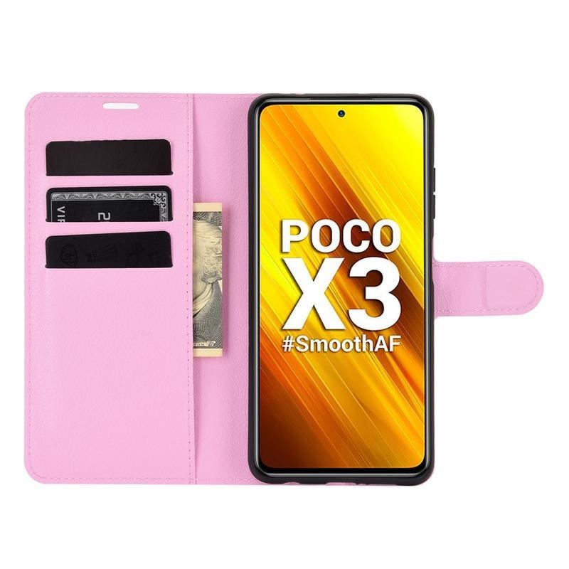 Litchi PU bőr pénztárca tok Xiaomi Poco X3/X3 Pro - rózsaszínű