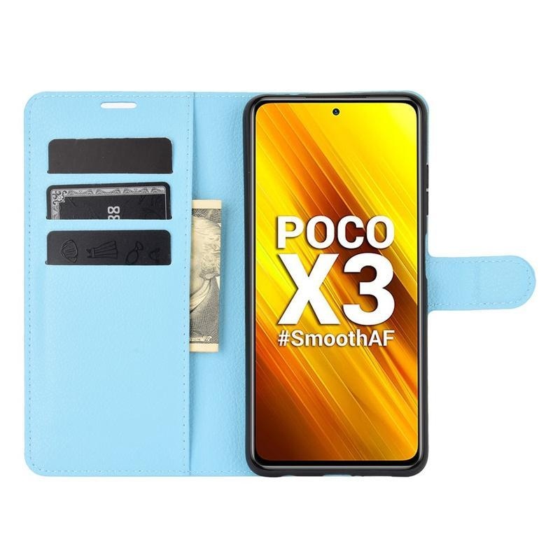 Litchi PU bőr pénztárca tok Xiaomi Poco X3/X3 Pro - világoskék színben