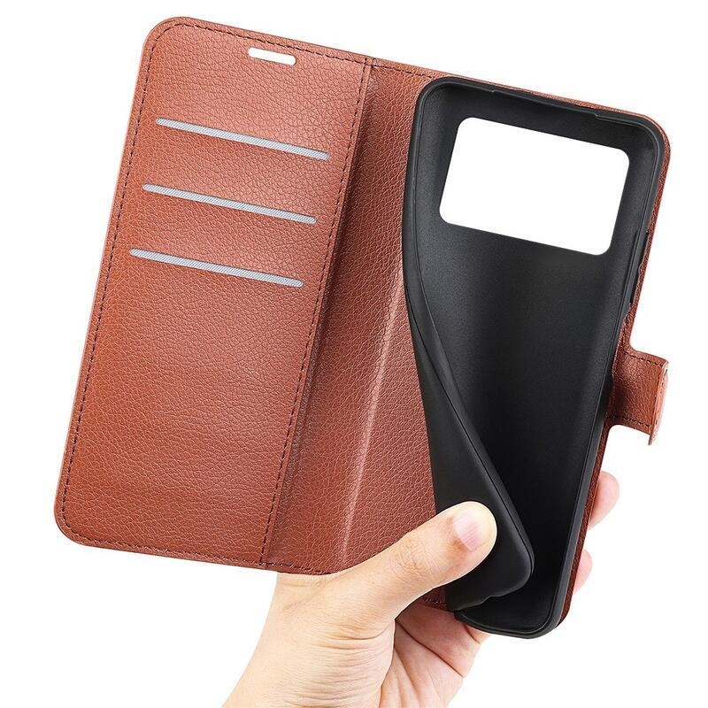 Litchi PU bőr pénztárca tok a Xiaomi Poco X4 Pro 5G számára - barna