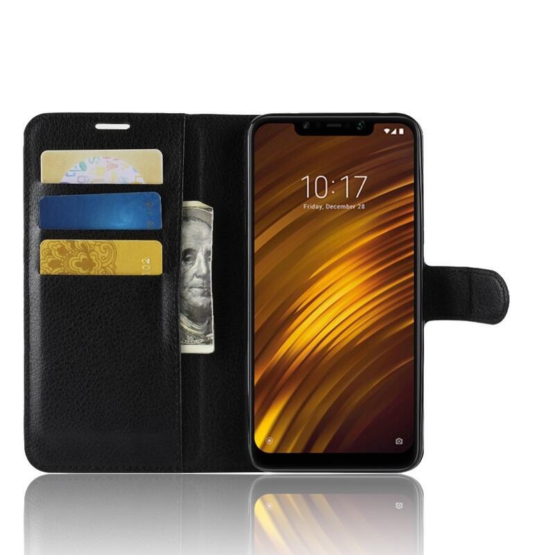 Litchi PU bőr pénztárca tok a Xiaomi Pocophone F1-hez - fekete