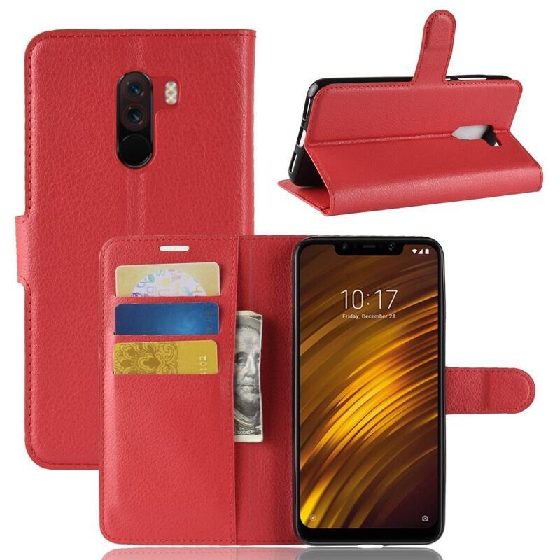 Litchi PU bőr pénztárca tok a Xiaomi Pocophone F1-hez - piros