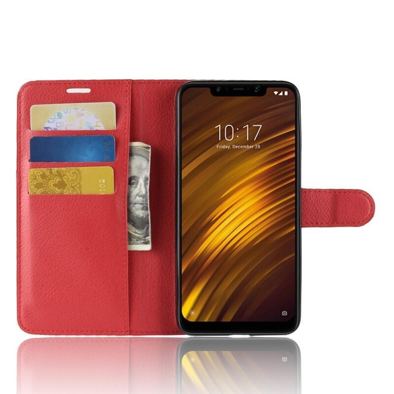 Litchi PU bőr pénztárca tok a Xiaomi Pocophone F1-hez - piros