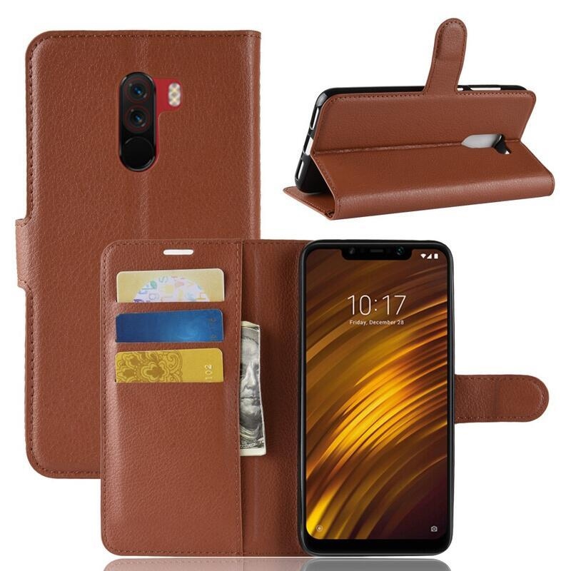 Litchi PU bőr pénztárca tok Xiaomi Pocophone F1-hez - barna