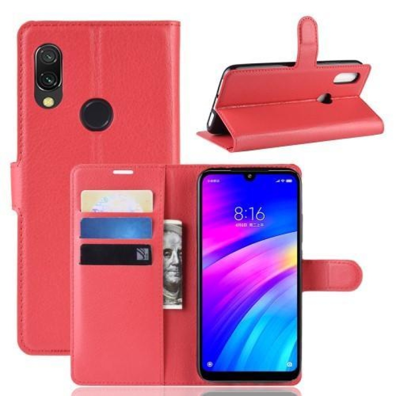 Litchi PU bőr pénztárca tok Xiaomi Redmi 7-hez - piros