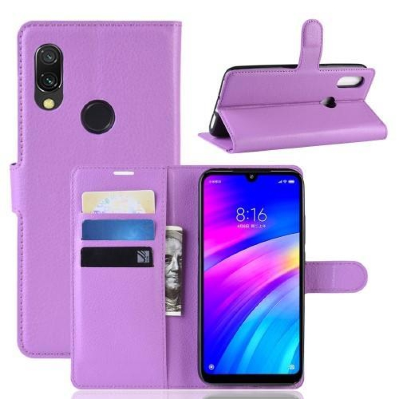 Litchi PU bőr pénztárca tok Xiaomi Redmi 7-hez - lila