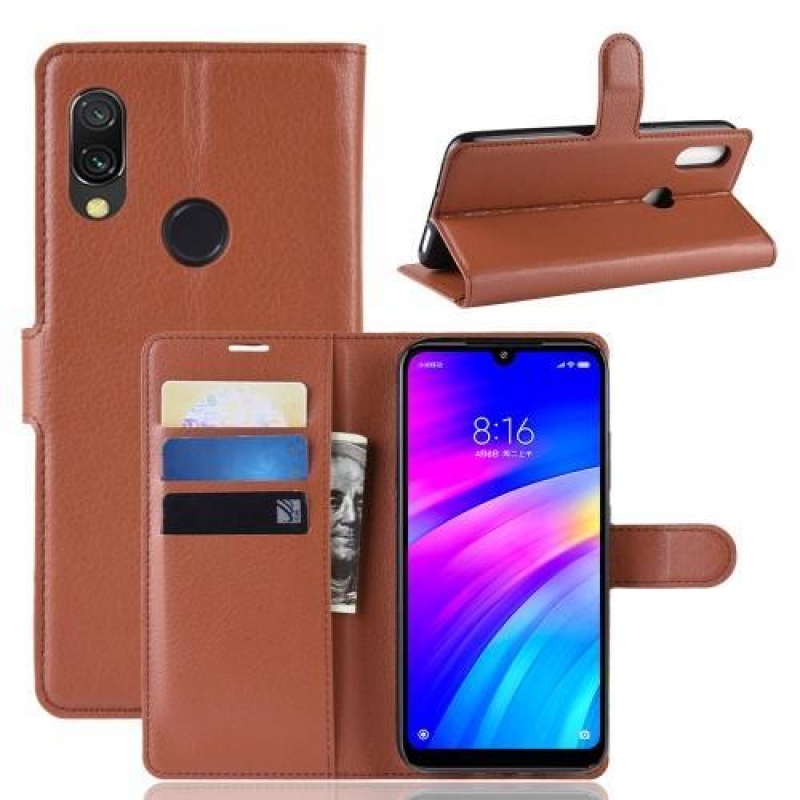 Litchi PU bőr pénztárca tok Xiaomi Redmi 7-hez - barna