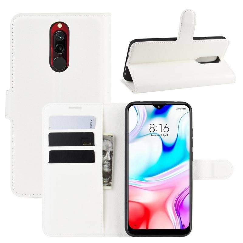 Litchi PU bőr pénztárca tok Xiaomi Redmi 8-hoz - fehér