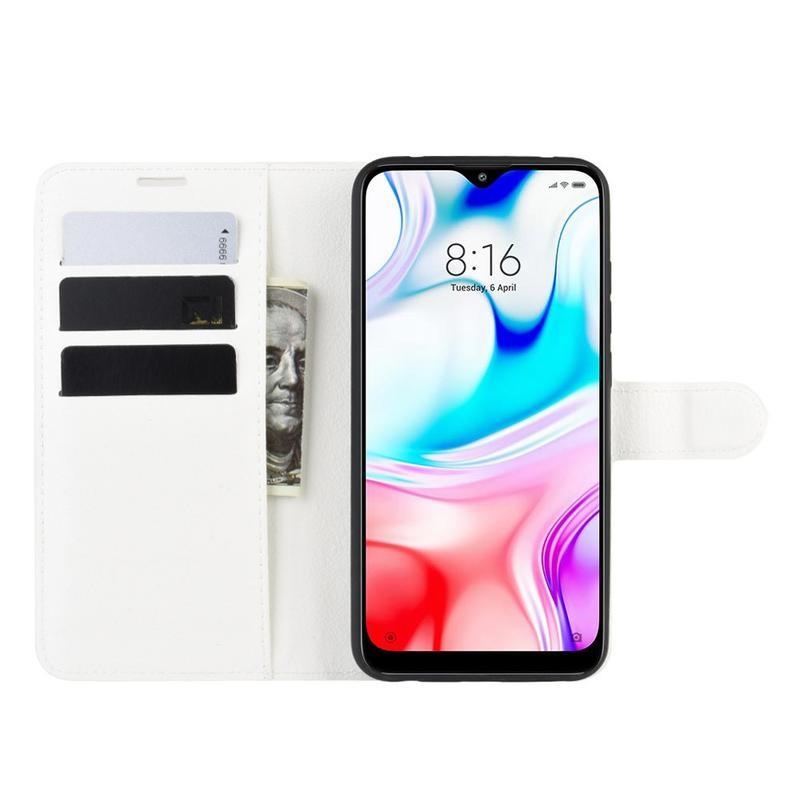 Litchi PU bőr pénztárca tok Xiaomi Redmi 8-hoz - fehér