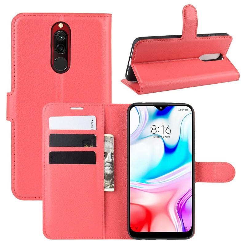 Litchi PU bőr pénztárca tok Xiaomi Redmi 8-hoz - piros
