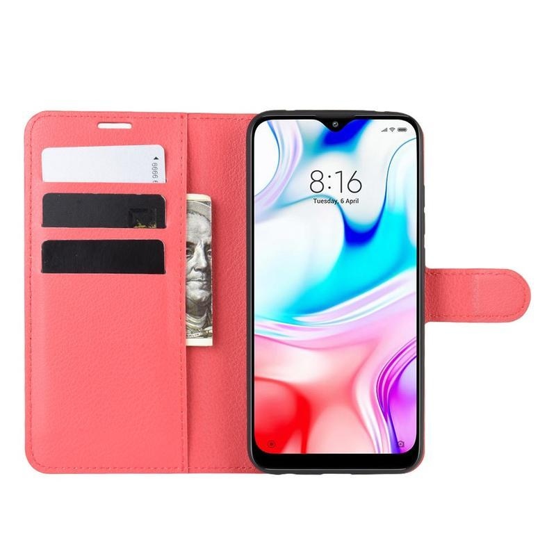 Litchi PU bőr pénztárca tok Xiaomi Redmi 8-hoz - piros