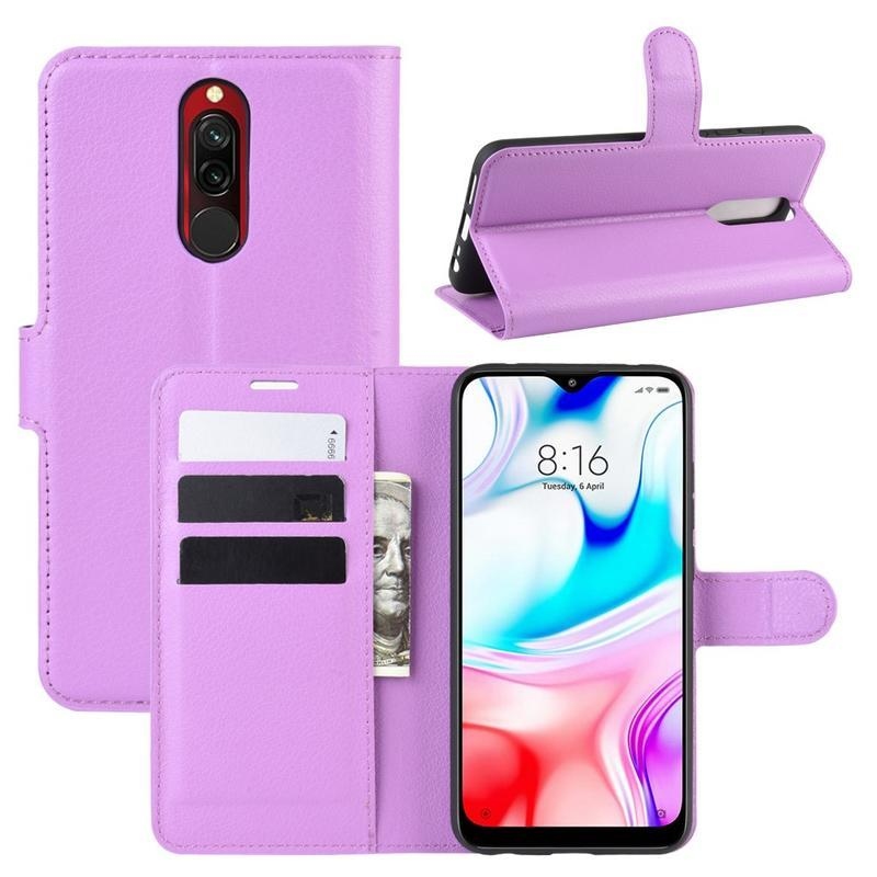 Litchi PU bőr pénztárca tok Xiaomi Redmi 8-hoz - lila