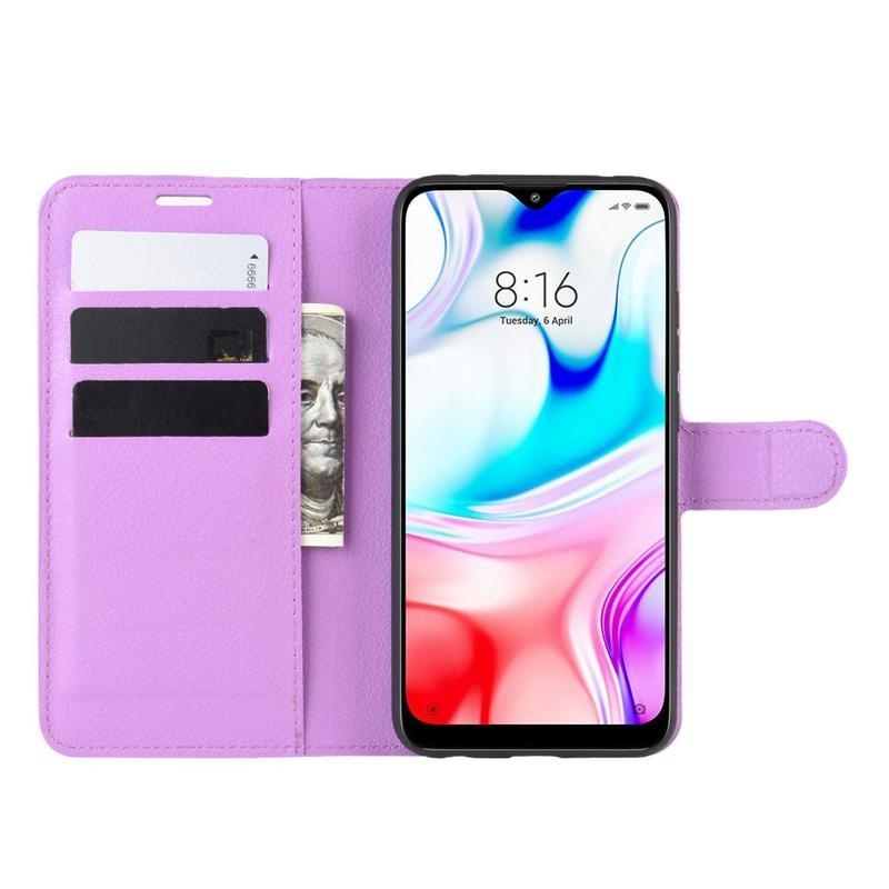 Litchi PU bőr pénztárca tok Xiaomi Redmi 8-hoz - lila