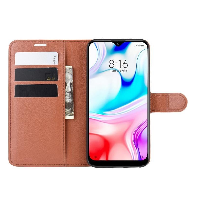 Litchi PU bőr pénztárca tok Xiaomi Redmi 8-hoz - barna