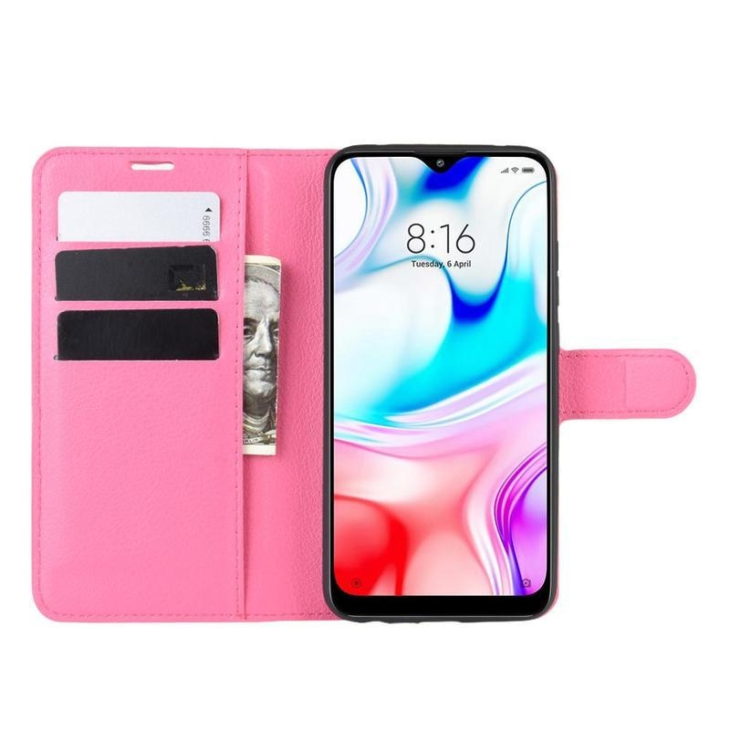 Litchi PU bőr pénztárca tok Xiaomi Redmi 8-hoz - rózsaszínű