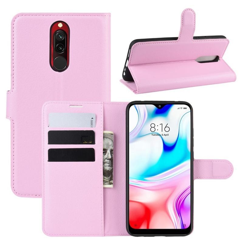 Litchi PU bőr pénztárca tok Xiaomi Redmi 8-hoz - rózsaszín
