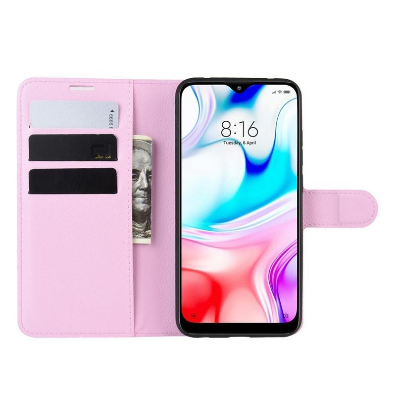 Litchi PU bőr pénztárca tok Xiaomi Redmi 8-hoz - rózsaszín