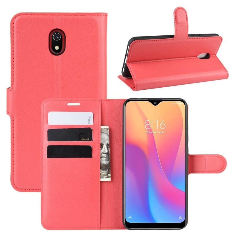 Litchi PU bőr pénztárca tok Xiaomi Redmi 8A-hoz - piros