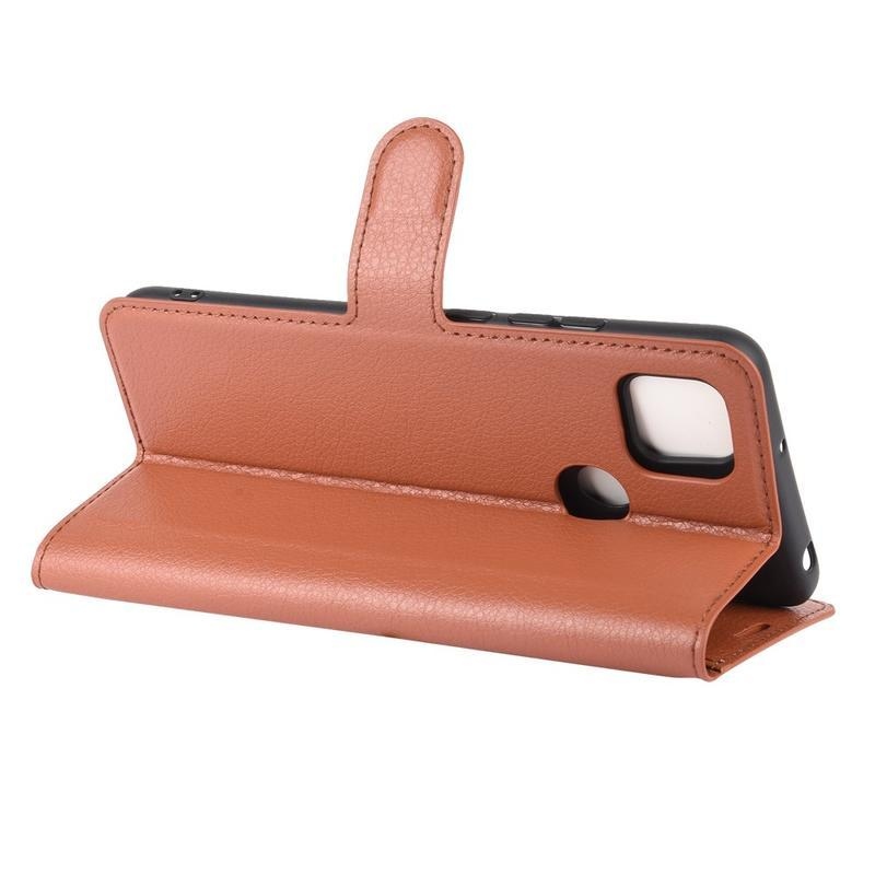 Litchi PU bőr pénztárca tok Xiaomi Redmi 9C-hez - barna