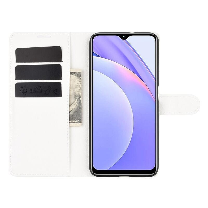 Litchi PU bőr pénztárca tok Xiaomi Redmi 9T/Poco M3-hoz - fehér