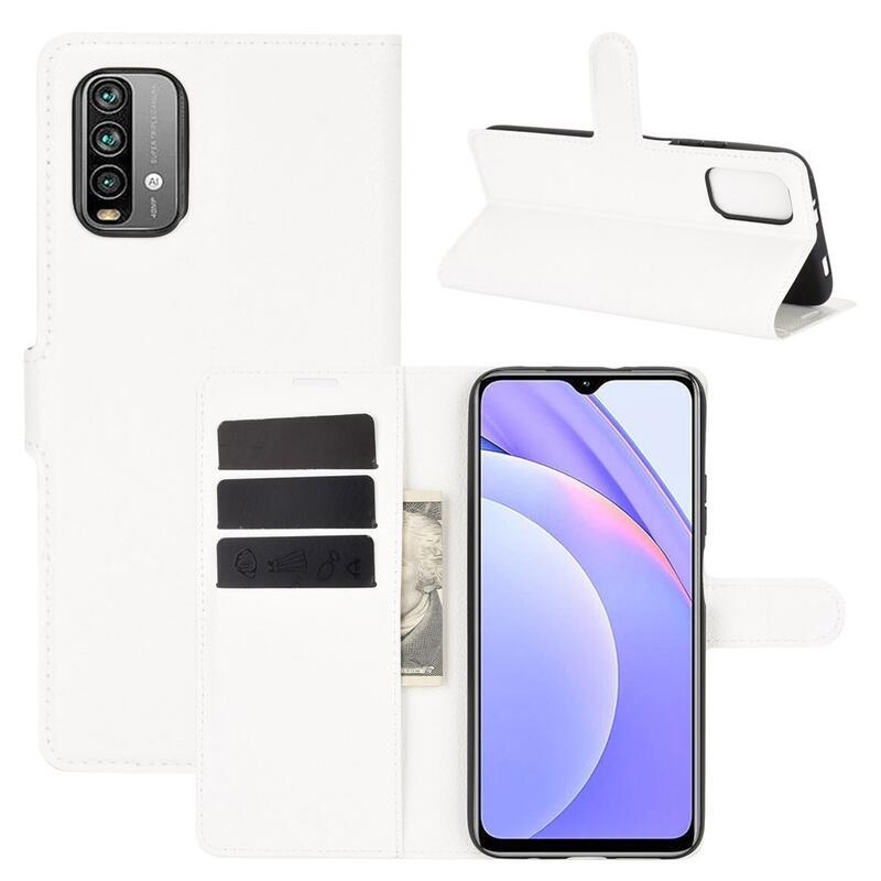 Litchi PU bőr pénztárca tok Xiaomi Redmi 9T/Poco M3-hoz - fehér