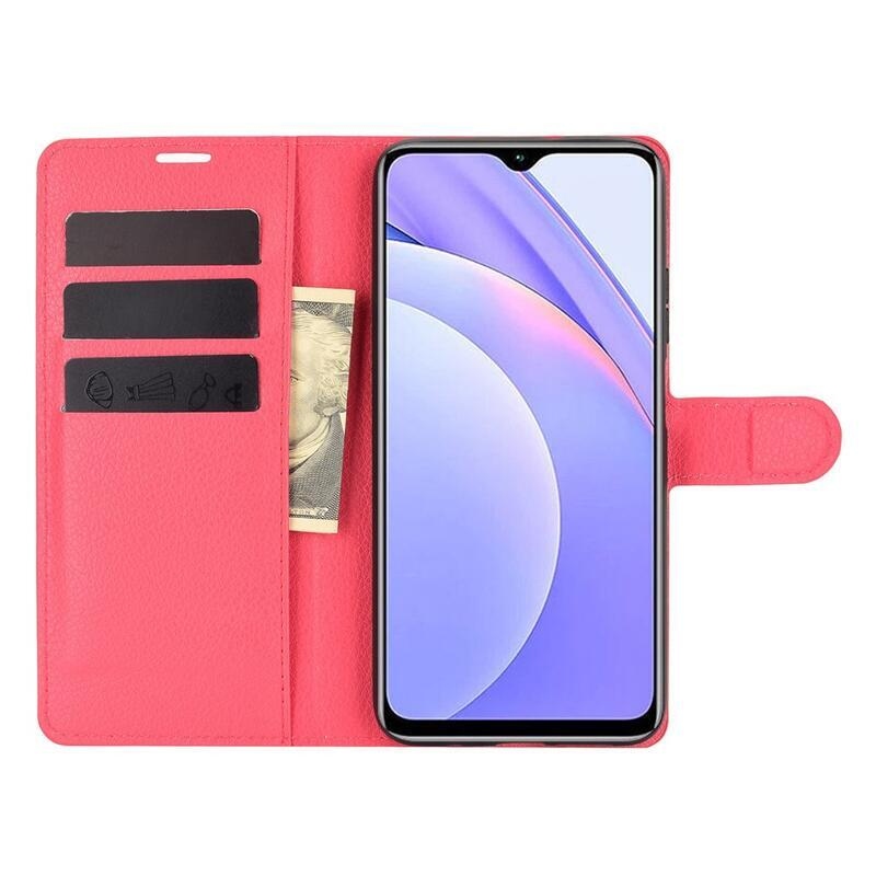 Litchi PU bőr pénztárca tok Xiaomi Redmi 9T/Poco M3-hoz - piros