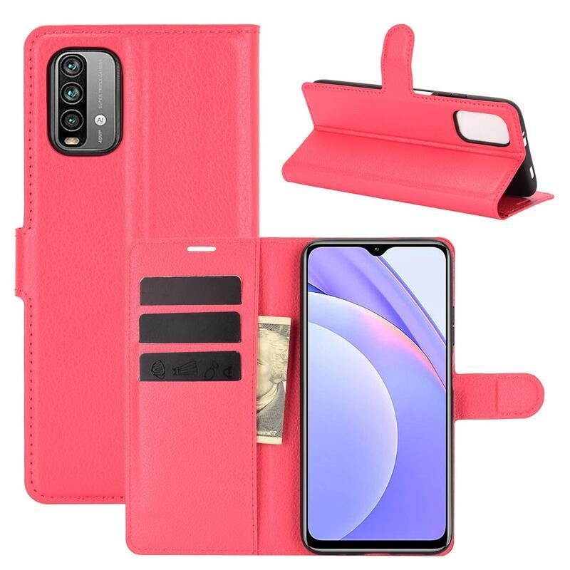Litchi PU bőr pénztárca tok Xiaomi Redmi 9T/Poco M3-hoz - piros