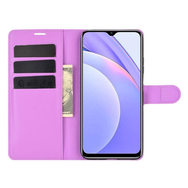 Litchi PU bőr pénztárca tok Xiaomi Redmi 9T/Poco M3-hoz - lila