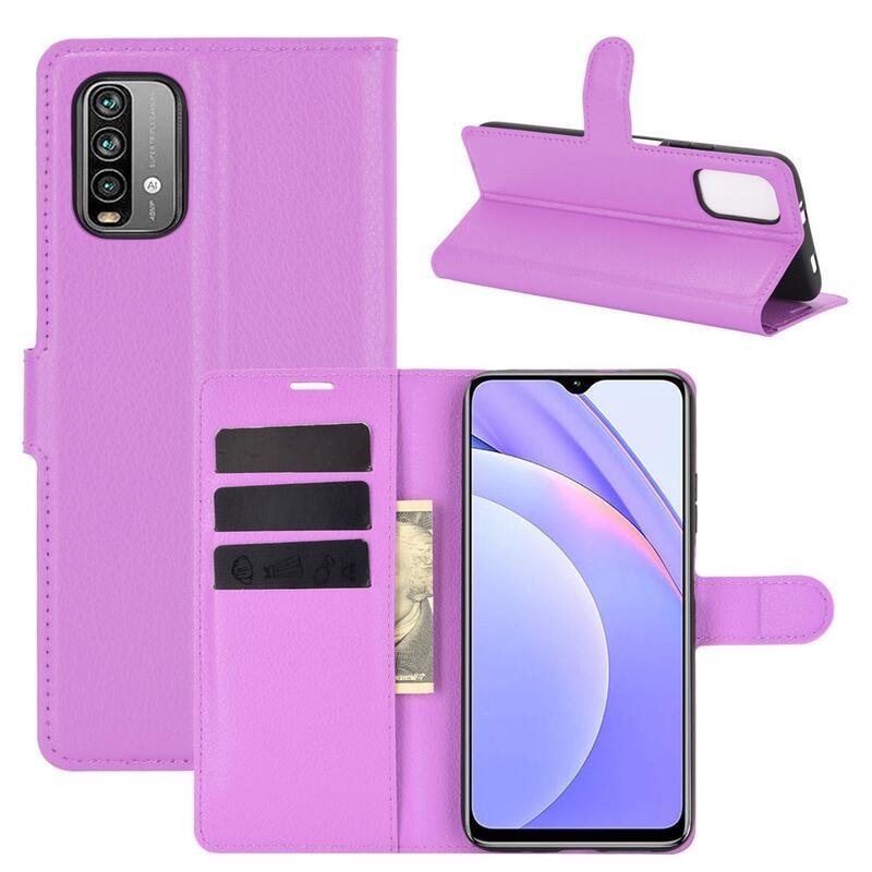 Litchi PU bőr pénztárca tok Xiaomi Redmi 9T/Poco M3-hoz - lila