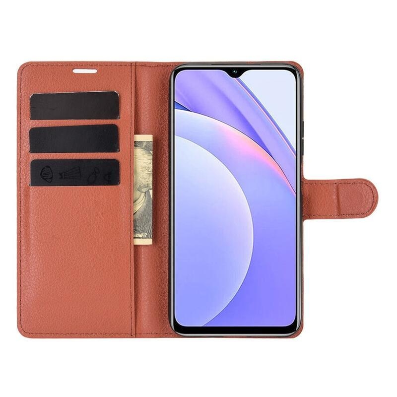 Litchi PU bőr pénztárca tok Xiaomi Redmi 9T/Poco M3-hoz - barna