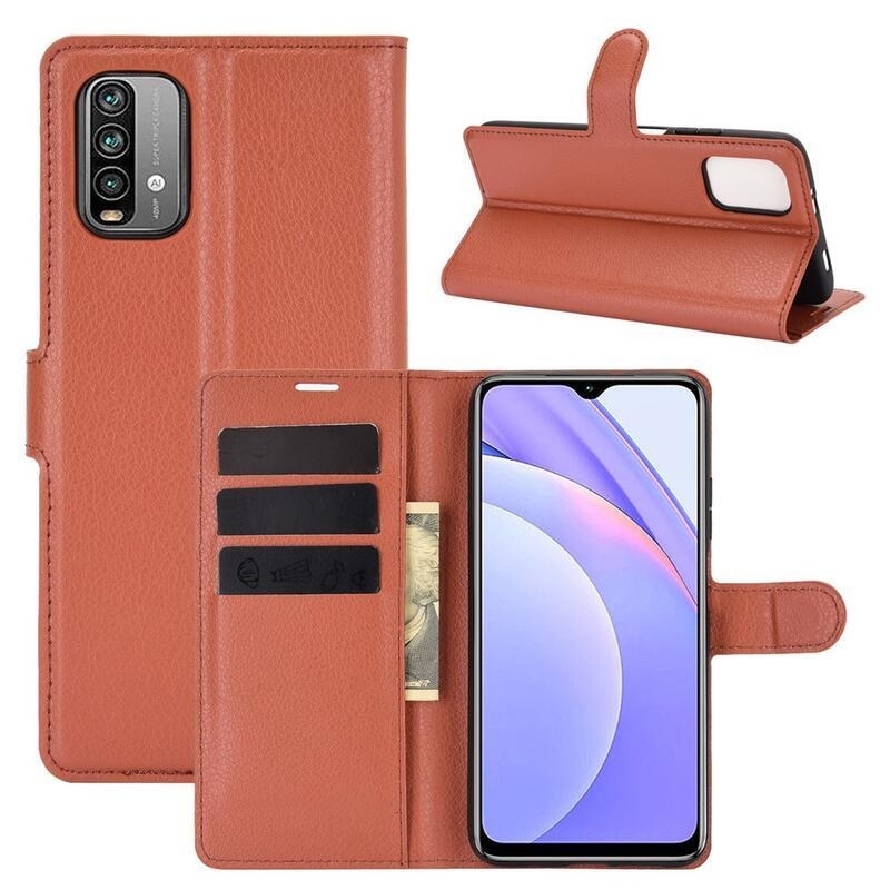 Litchi PU bőr pénztárca tok Xiaomi Redmi 9T/Poco M3-hoz - barna