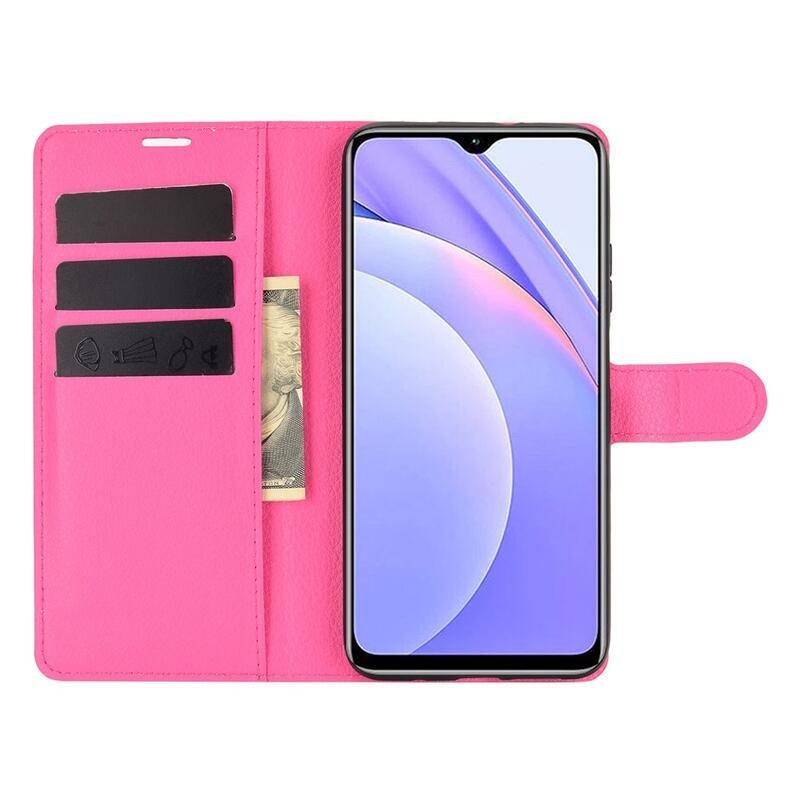 Litchi PU bőr pénztárca tok Xiaomi Redmi 9T/Poco M3 - rózsaszínű