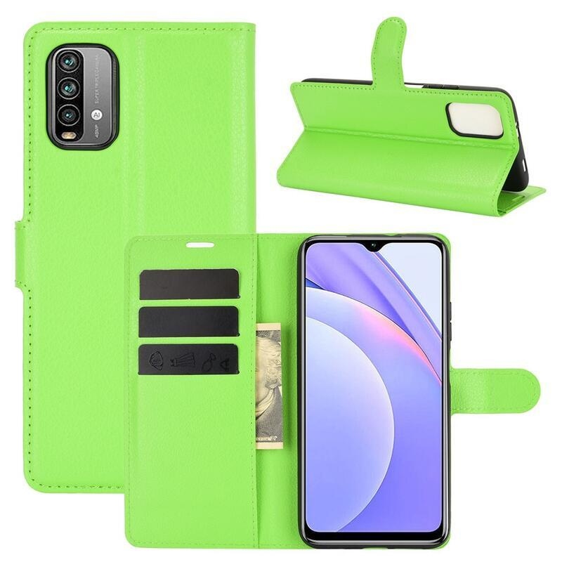 Litchi PU bőr pénztárca tok Xiaomi Redmi 9T/Poco M3-hoz - zöld