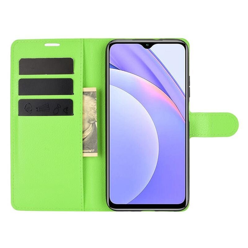 Litchi PU bőr pénztárca tok Xiaomi Redmi 9T/Poco M3-hoz - zöld