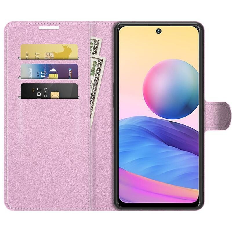 Litchi PU bőr pénztárca tok Xiaomi Redmi Note 10 5G/Poco M3 Pro 4G/5G - rózsaszínű