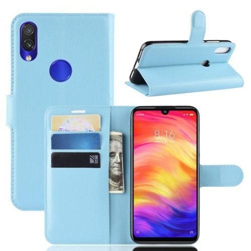 Litchi PU bőr pénztárca tok Xiaomi Redmi Note 7-hez - kék