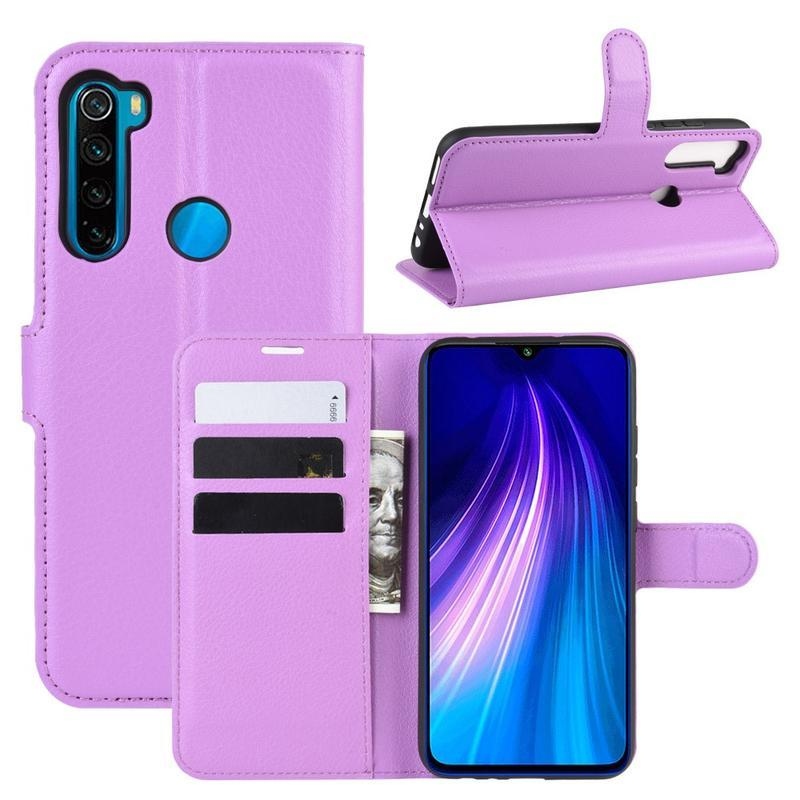 Litchi PU bőr pénztárca tok Xiaomi Redmi Note 8-hoz - lila