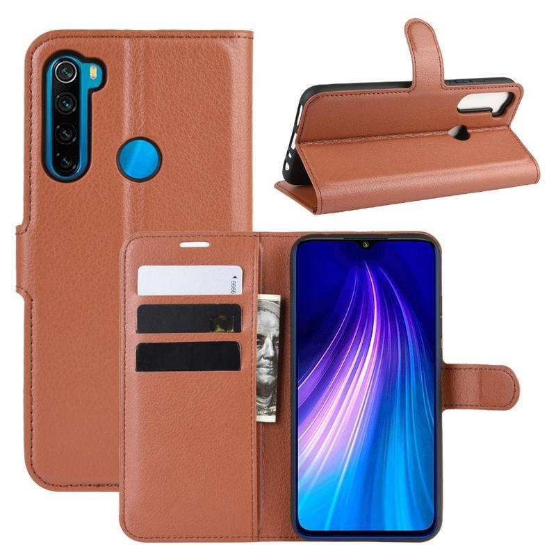 Litchi PU bőr pénztárca tok Xiaomi Redmi Note 8-hoz - barna