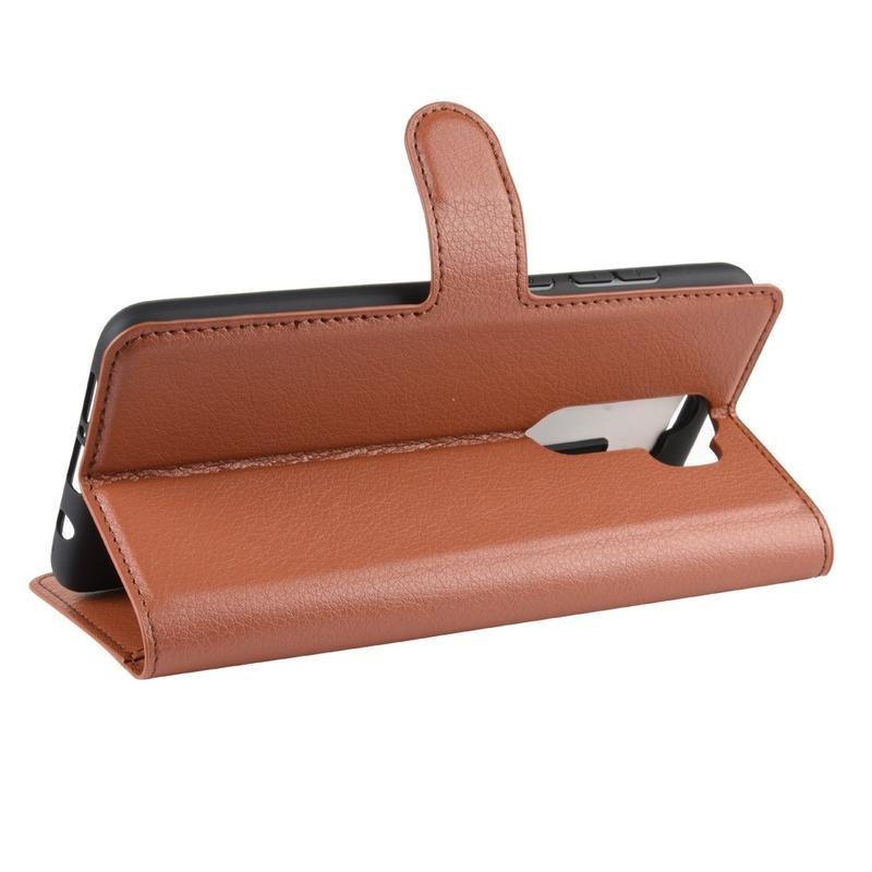 Litchi PU bőr pénztárca tok Xiaomi Redmi Note 8 Pro-hoz - barna