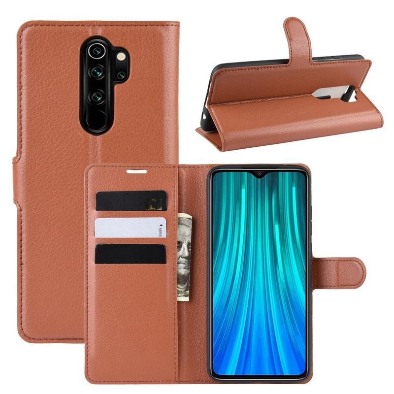 Litchi PU bőr pénztárca tok Xiaomi Redmi Note 8 Pro-hoz - barna