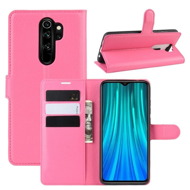 Litchi PU bőr pénztárca tok Xiaomi Redmi Note 8 Pro - rózsaszínű