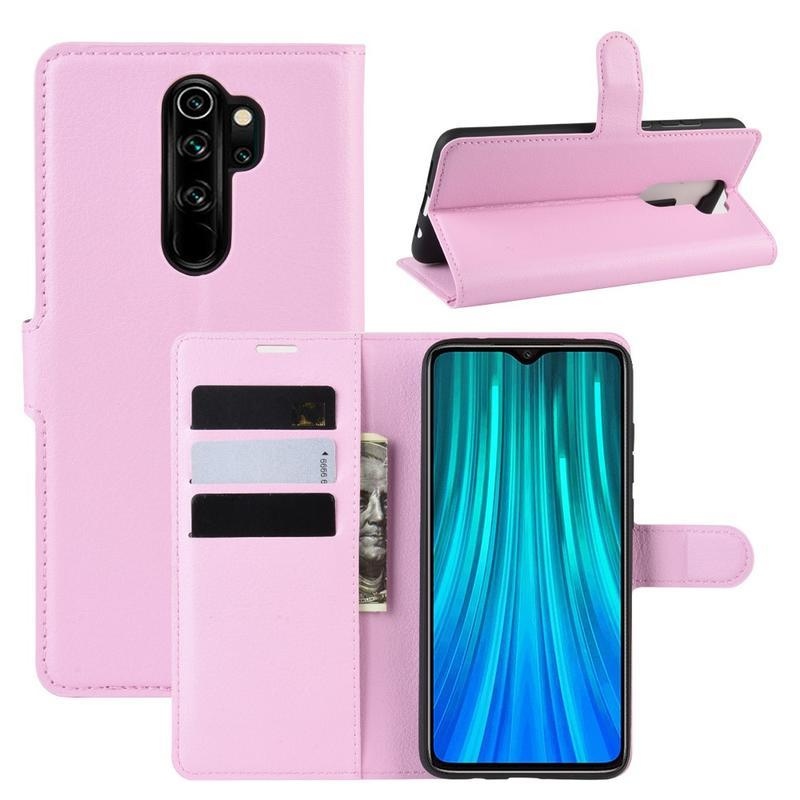 Litchi PU bőr pénztárca tok Xiaomi Redmi Note 8 Pro-hoz - rózsaszínű