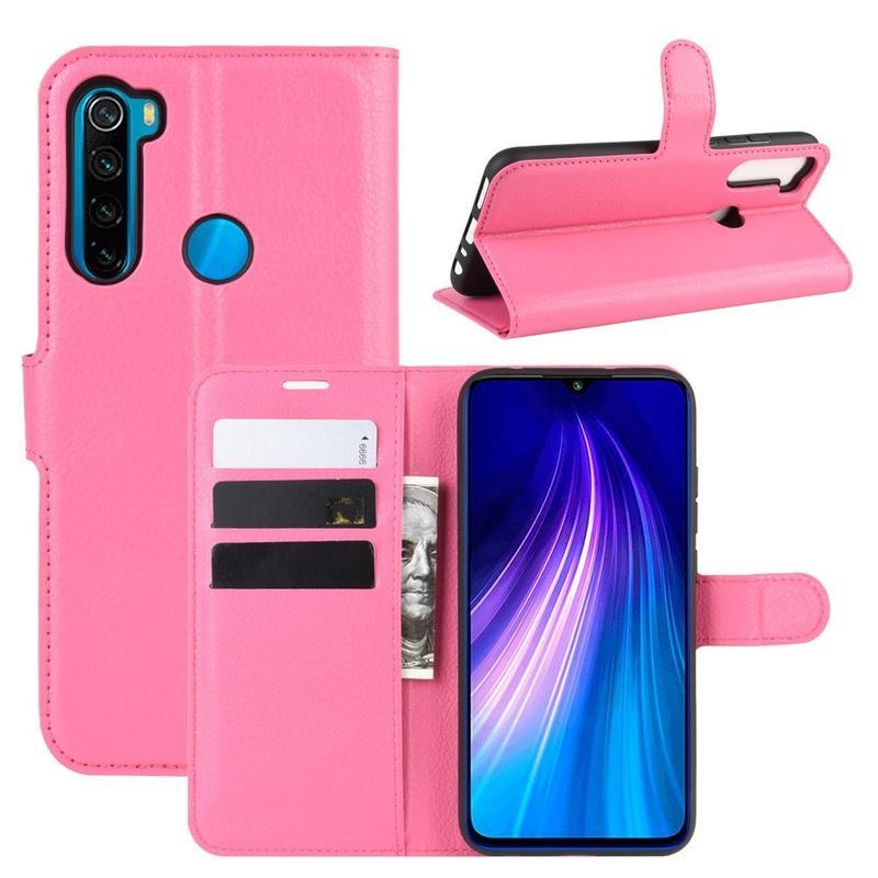 Litchi PU bőr pénztárca tok Xiaomi Redmi Note 8-hoz - rózsaszínű