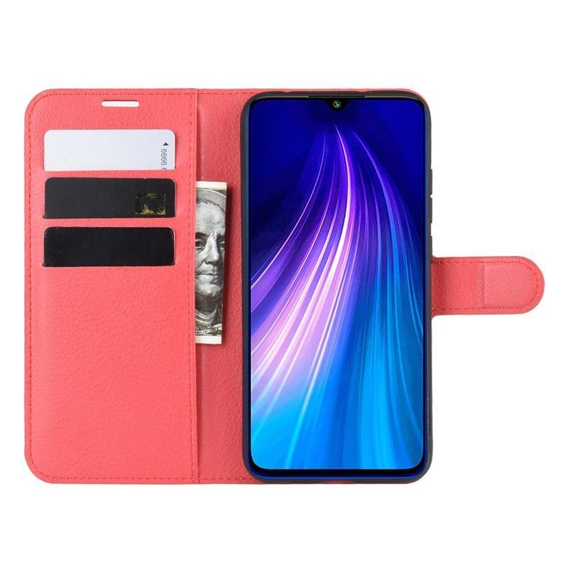Litchi PU bőr pénztárca tok Xiaomi Redmi Note 8T-hez - piros