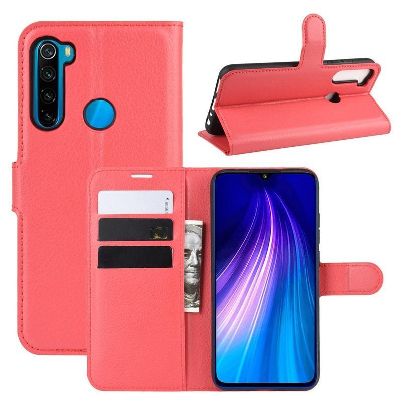 Litchi PU bőr pénztárca tok Xiaomi Redmi Note 8T-hez - piros