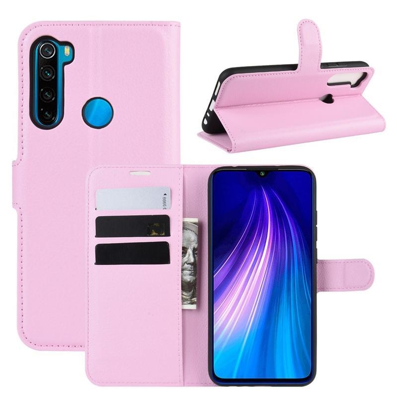 Litchi PU bőr pénztárca tok Xiaomi Redmi Note 8T-hez - rózsaszínű