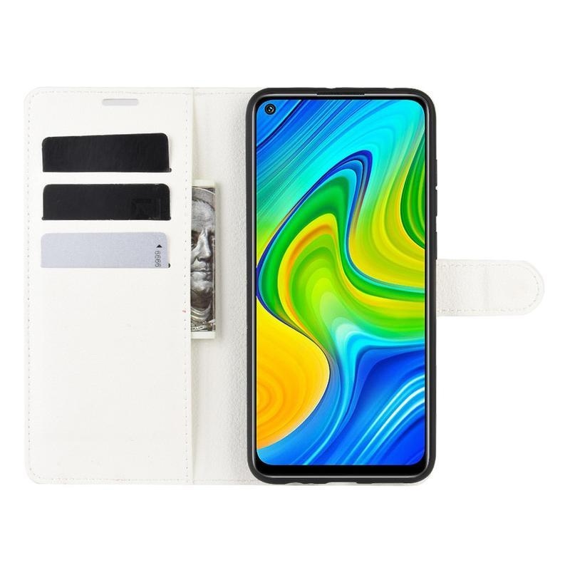 Litchi PU bőr pénztárca tok Xiaomi Redmi Note 9-hez - fehér